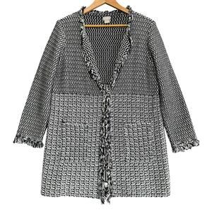 CHICO’S Long‎ Cardigan Sweater Tweed Design Black & White Fringe-Trimmed Size 1P